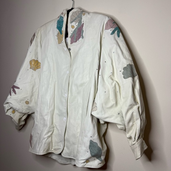 Authentic Vintage 80s Balloon Sleeve Rhinestone Pearl Seashell Leather Jacket - Picture 2 of 11